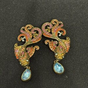 Gold-Tone Gold Fish Multicolor Crystal Drop Earrings with Blue Teardrop